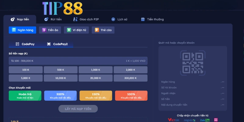 Hướng dẫn nạp tiền Tip88 ở các phương thức