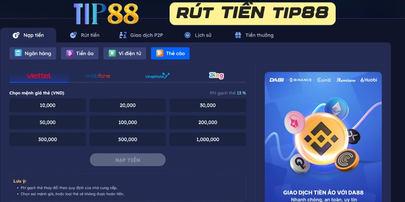 Rút tiền Tip88 thông qua thẻ cào